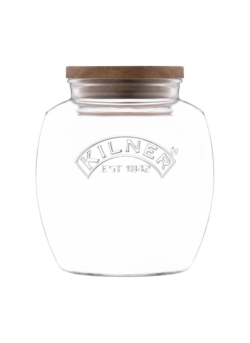 Kilner Universal Jar Wooden Lid 2 Litre Glass Food Container With Silicone Seals Kitchen Pantry Storage For Dry Food Like Grains, Pasta And Cereals