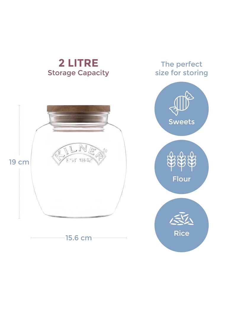 Kilner Universal Jar Wooden Lid 2 Litre Glass Food Container With Silicone Seals Kitchen Pantry Storage For Dry Food Like Grains, Pasta And Cereals