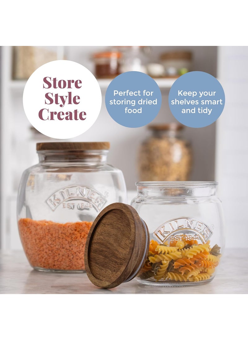 Kilner Universal Jar Wooden Lid 2 Litre Glass Food Container With Silicone Seals Kitchen Pantry Storage For Dry Food Like Grains, Pasta And Cereals