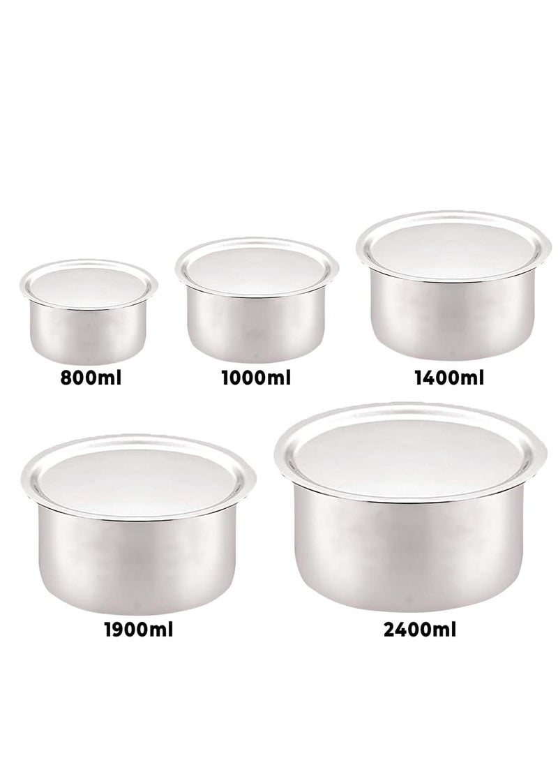 Kuber Industries XtraDeluxe Set of 5 Stainless Steel Tope/Patila Set with Lid | Milk Boiling Steel Vessels for Kitchen & Tapeli/Dekchi for Cooking | 2400ml, 1900ml, 1400ml, 1000ml, 800ml | SS -Silver