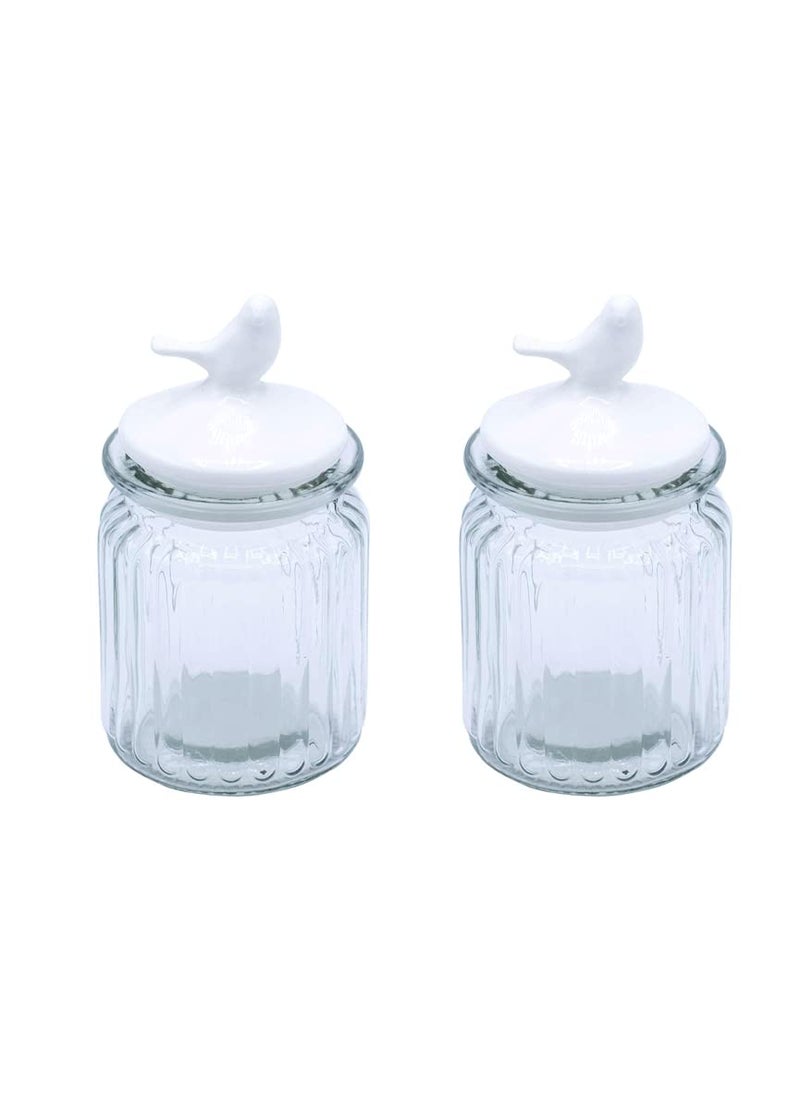 HOMIES,Storage Glass Jar, Set of 2, 280 ml Each, Transparent | BPA Free | Storage Jar | Kitchen Organizer With Ceramic Bird Shaped Lid.