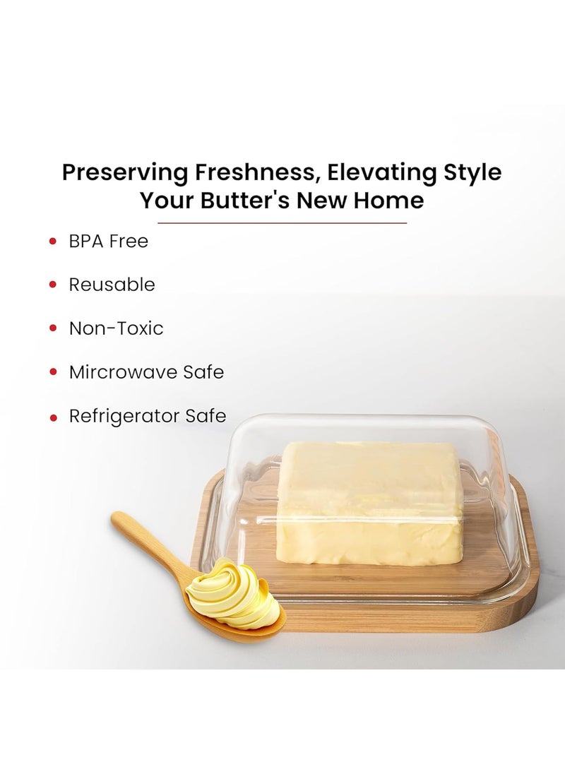 Kuber Industries 640ml Borosilicate Galss Butter Dish Kitchen Containers Set with bamboo Wooden Lid | Multipurpose Snacks, Dal & Vegetable Storage Box for Fridge Organizers | Transparent