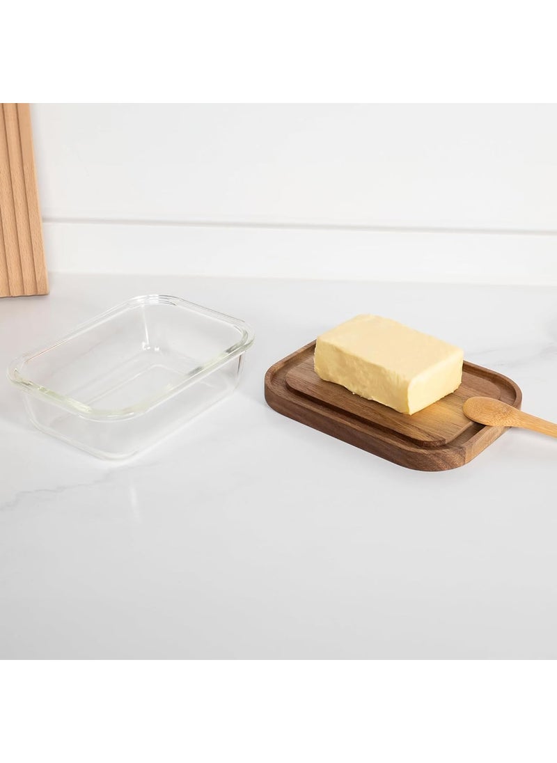 Kuber Industries 640ml Borosilicate Galss Butter Dish Kitchen Containers Set with bamboo Wooden Lid | Multipurpose Snacks, Dal & Vegetable Storage Box for Fridge Organizers | Transparent