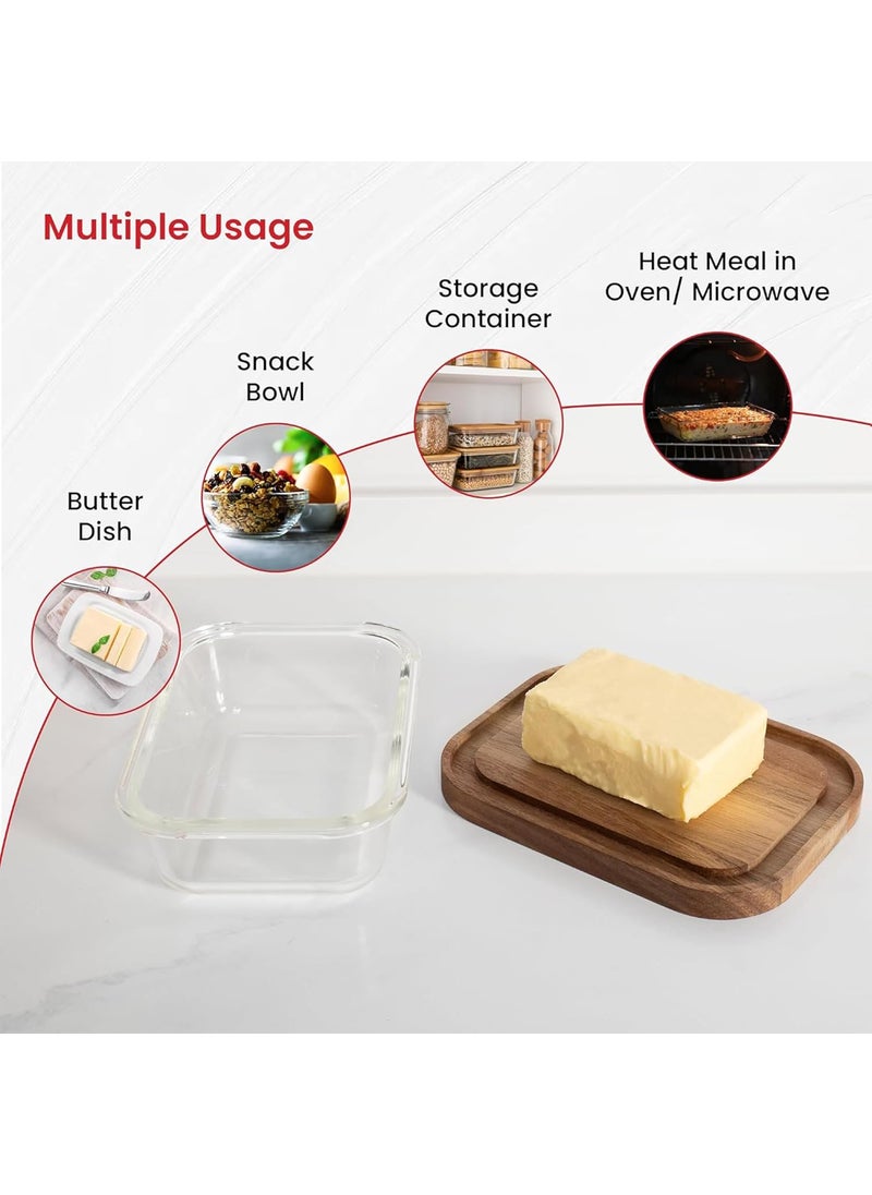 Kuber Industries 640ml Borosilicate Galss Butter Dish Kitchen Containers Set with bamboo Wooden Lid | Multipurpose Snacks, Dal & Vegetable Storage Box for Fridge Organizers | Transparent