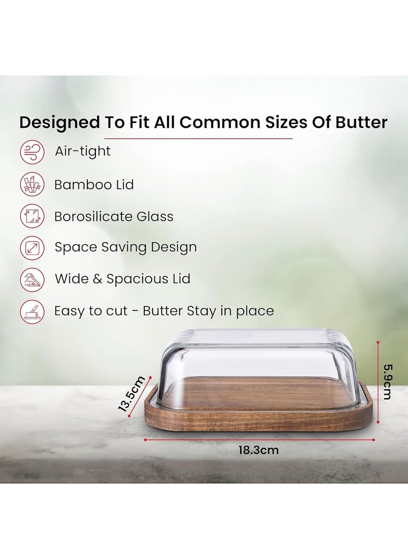 Kuber Industries 640ml Borosilicate Galss Butter Dish Kitchen Containers Set with bamboo Wooden Lid | Multipurpose Snacks, Dal & Vegetable Storage Box for Fridge Organizers | Transparent