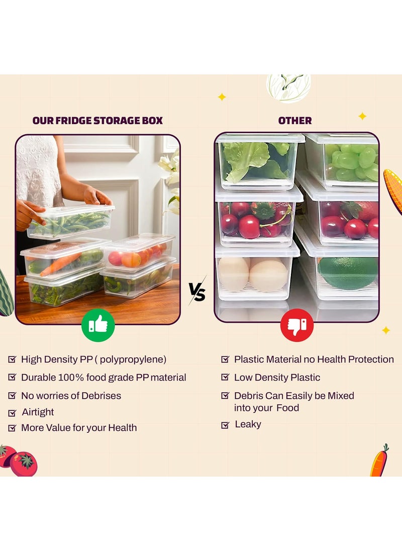 Storite Fridge Storage Boxes (Pack of 4), Fridge Organizer with Removable Drain Plate & Secure-Sealing Lids, Fridge Storage Boxes Keep Fruits, Vegetables Fresher, Container Box, 1500 ML