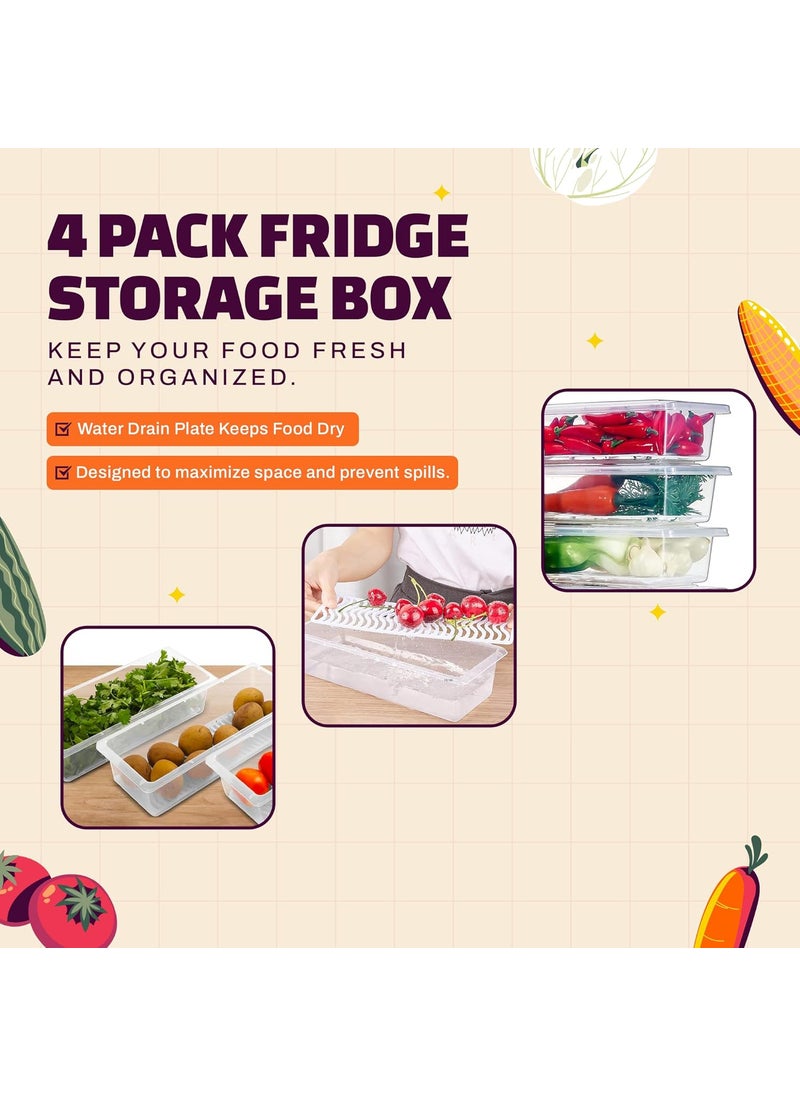 Storite Fridge Storage Boxes (Pack of 4), Fridge Organizer with Removable Drain Plate & Secure-Sealing Lids, Fridge Storage Boxes Keep Fruits, Vegetables Fresher, Container Box, 1500 ML