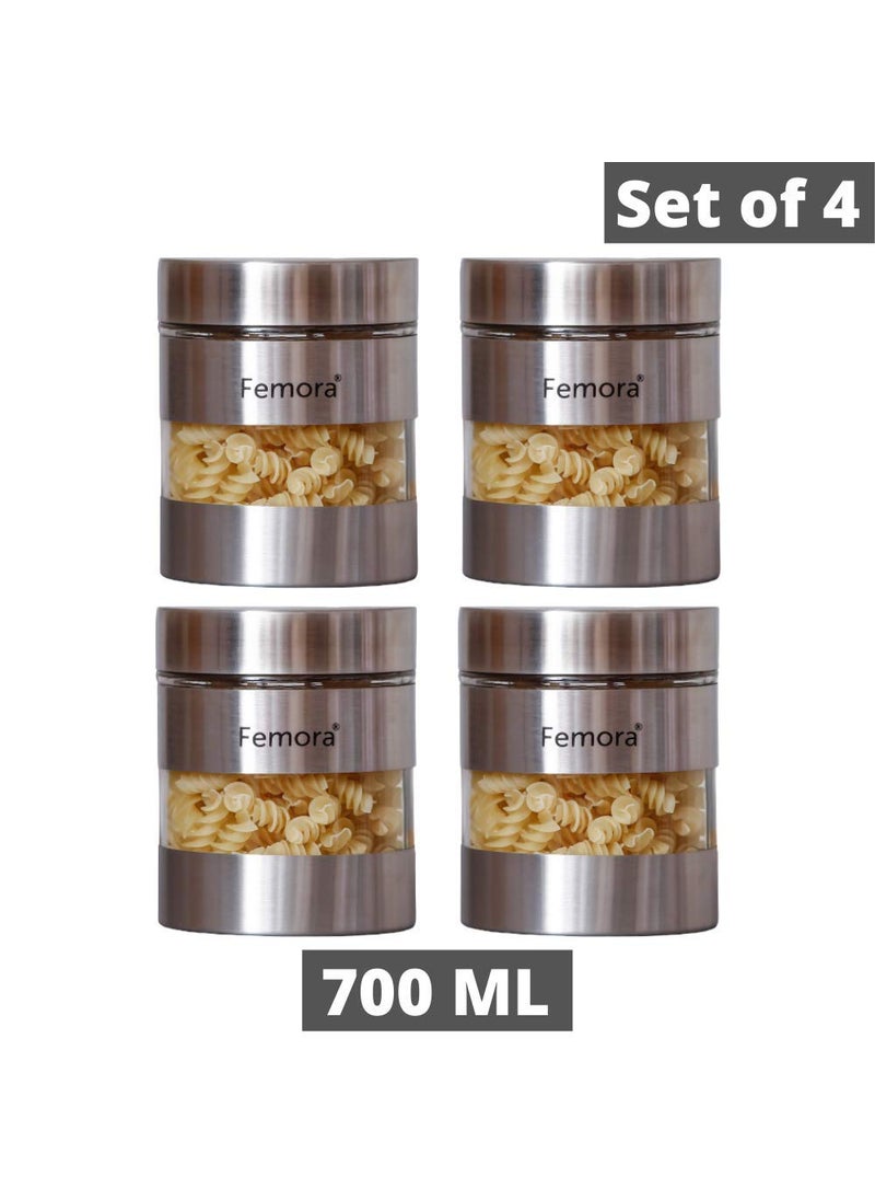 Femora Metallic Clear Glass Jars | See Through Window Jar | 1 Year Warranty | Airtght | Jars for Snacks, Fry Food, Masala, Spice, Pickles, Cookies |700 ML | Set Of 4 | Silver