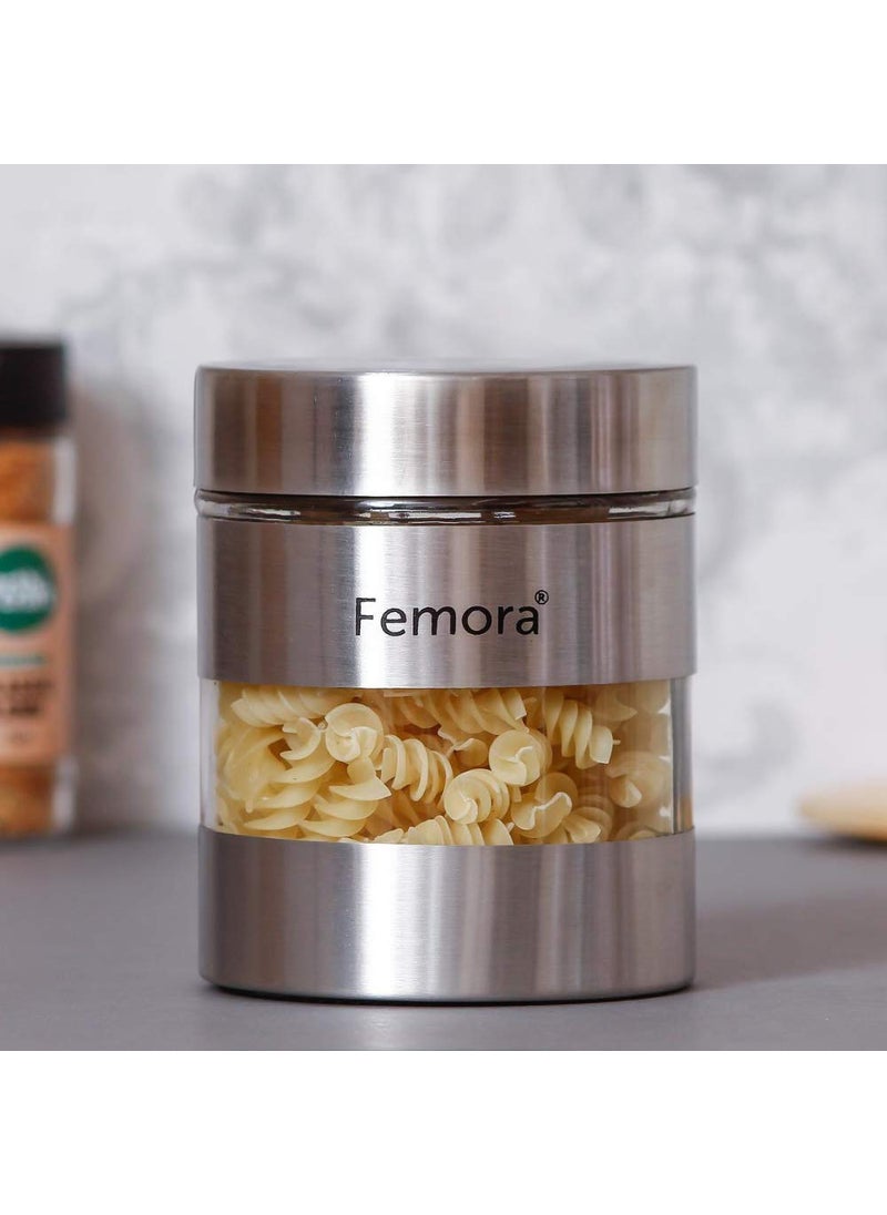 Femora Metallic Clear Glass Jars | See Through Window Jar | 1 Year Warranty | Airtght | Jars for Snacks, Fry Food, Masala, Spice, Pickles, Cookies |700 ML | Set Of 4 | Silver