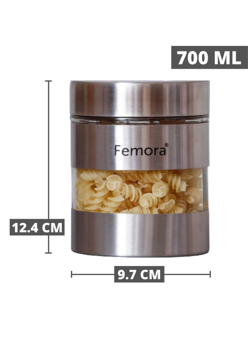 Femora Metallic Clear Glass Jars | See Through Window Jar | 1 Year Warranty | Airtght | Jars for Snacks, Fry Food, Masala, Spice, Pickles, Cookies |700 ML | Set Of 4 | Silver