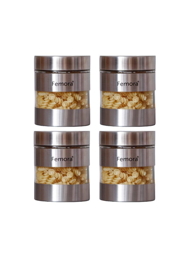 Femora Metallic Clear Glass Jars | See Through Window Jar | 1 Year Warranty | Airtght | Jars for Snacks, Fry Food, Masala, Spice, Pickles, Cookies |700 ML | Set Of 4 | Silver