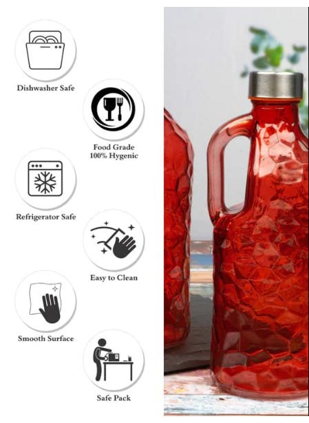 HOMIES, Honey comb Textured Glass beverage bottle with handle, 1 piece, 1000mL (RED)