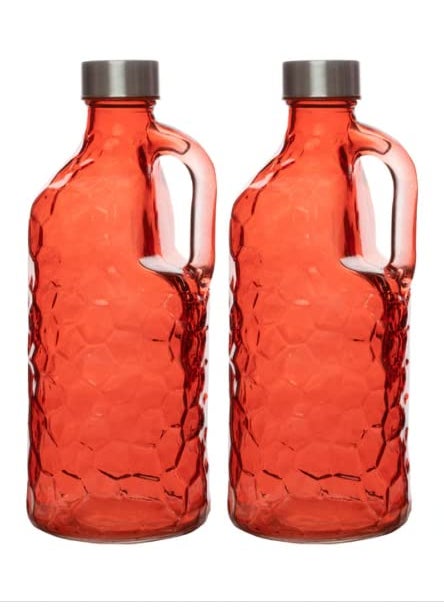 HOMIES, Honey comb Textured Glass beverage bottle with handle, 1 piece, 1000mL (RED)