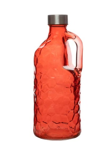 HOMIES, Honey comb Textured Glass beverage bottle with handle, 1 piece, 1000mL (RED)