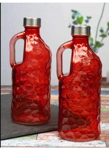 HOMIES, Honey comb Textured Glass beverage bottle with handle, 1 piece, 1000mL (RED)