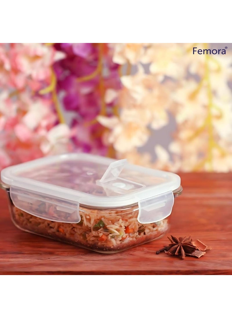 Femora Borosilicate Rectangularglass Food Storage Container With Air Vent Lid- 620Ml, 1 Year, Blue