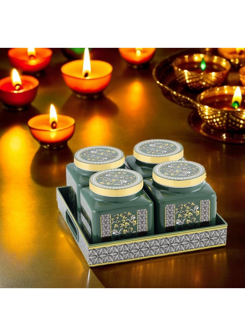 Nabhya Carban 4pc Airtight Dry Fruit Containers Set With Lid & Serving Tray, Dry Fruit Box for Serving Sweets, Chocolates, Candy, Pickle, Mukhwas, Kitchen Accessories Items (Green) (Pack of 4)