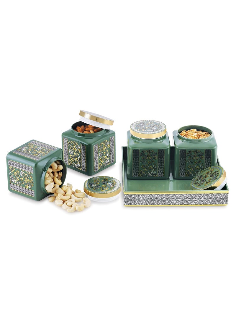 Nabhya Carban 4pc Airtight Dry Fruit Containers Set With Lid & Serving Tray, Dry Fruit Box for Serving Sweets, Chocolates, Candy, Pickle, Mukhwas, Kitchen Accessories Items (Green) (Pack of 4)