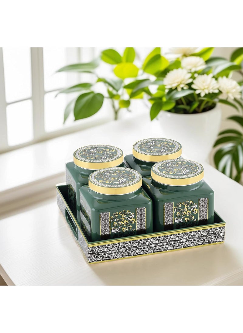 Nabhya Carban 4pc Airtight Dry Fruit Containers Set With Lid & Serving Tray, Dry Fruit Box for Serving Sweets, Chocolates, Candy, Pickle, Mukhwas, Kitchen Accessories Items (Green) (Pack of 4)
