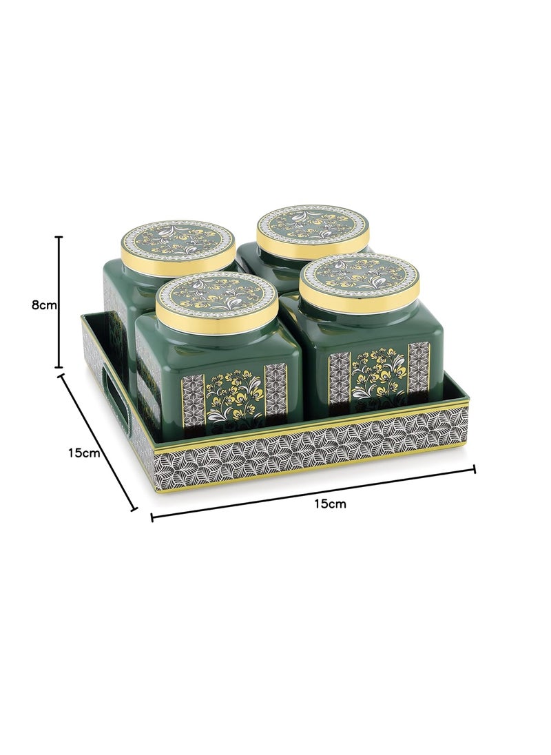 Nabhya Carban 4pc Airtight Dry Fruit Containers Set With Lid & Serving Tray, Dry Fruit Box for Serving Sweets, Chocolates, Candy, Pickle, Mukhwas, Kitchen Accessories Items (Green) (Pack of 4)