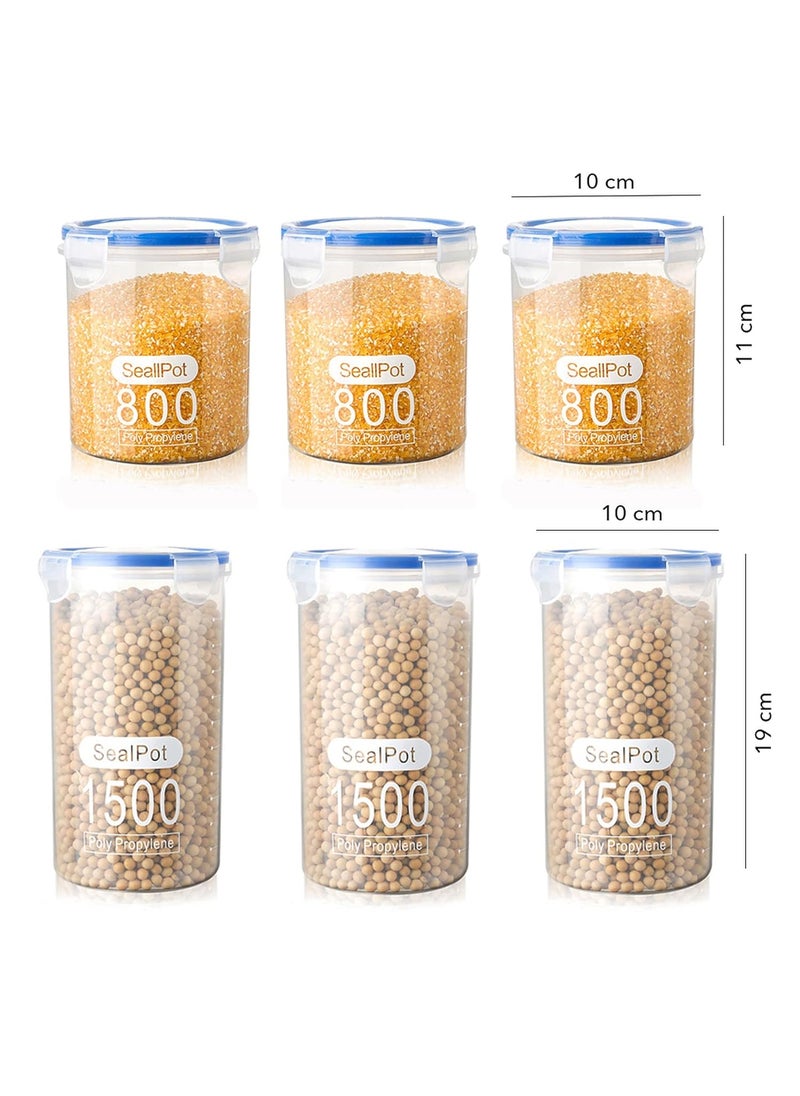 wolpin Plastic PP Storage Containers Canister Set with Air Tight Leakproof Lids - 6 Pieces, Clear (3 pcs x 800 ml each, 3 pcs x 1500 ml each)