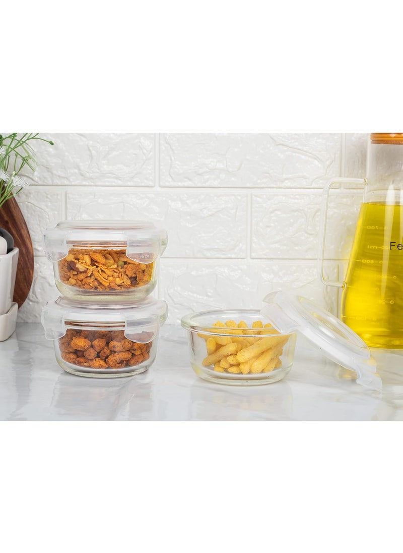 Femora Borosilicate Glass Containers for Kitchen | 1 Year Warranty | Container Boxes for Storage, Storage Box for Kitchen with Air Vent Lid, Microwave Safe Utensils, Round (Set of 3-240ml Each)