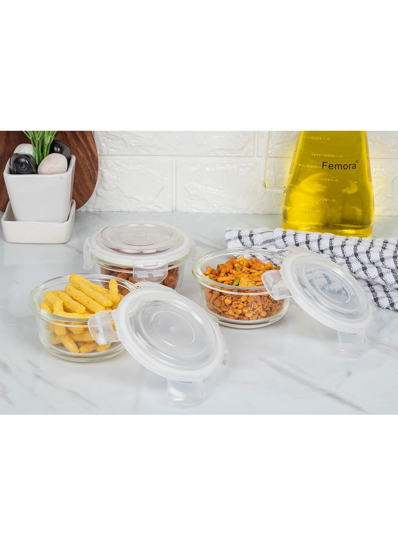 Femora Borosilicate Glass Containers for Kitchen | 1 Year Warranty | Container Boxes for Storage, Storage Box for Kitchen with Air Vent Lid, Microwave Safe Utensils, Round (Set of 3-240ml Each)