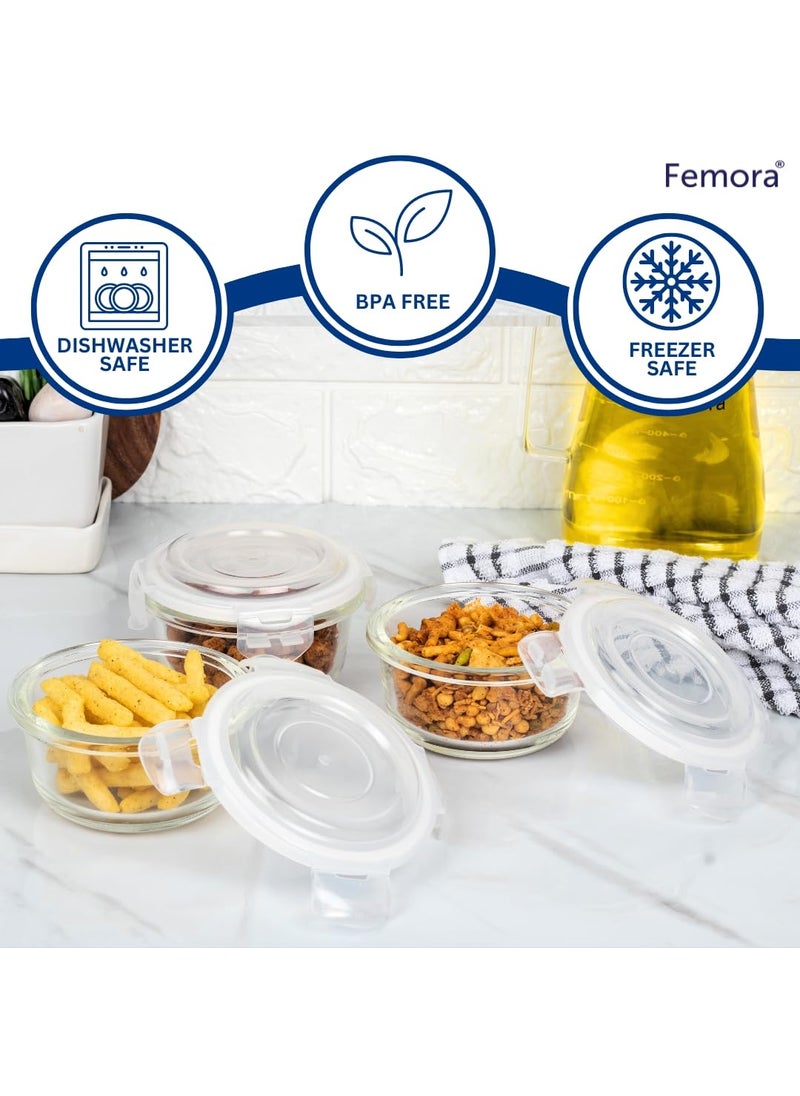 Femora Borosilicate Glass Containers for Kitchen | 1 Year Warranty | Container Boxes for Storage, Storage Box for Kitchen with Air Vent Lid, Microwave Safe Utensils, Round (Set of 3-240ml Each)
