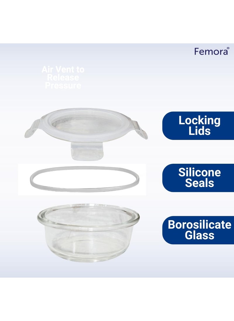 Femora Borosilicate Glass Containers for Kitchen | 1 Year Warranty | Container Boxes for Storage, Storage Box for Kitchen with Air Vent Lid, Microwave Safe Utensils, Round (Set of 3-240ml Each)
