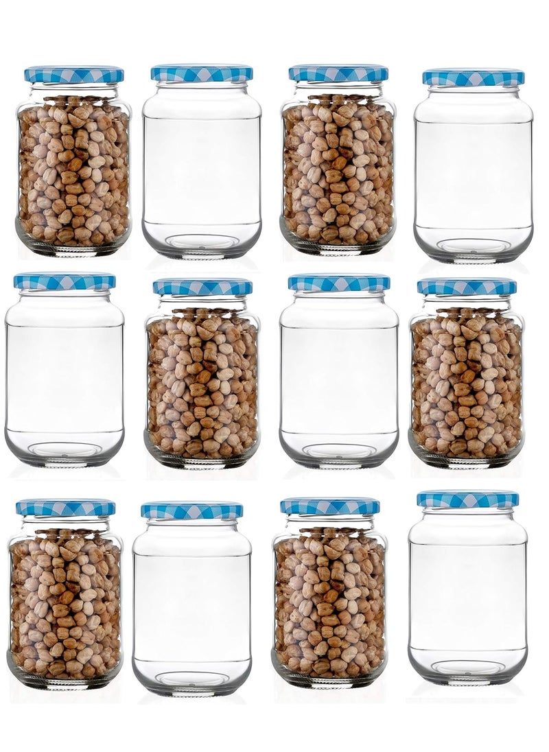 ginoya brothers Wide Mouth Kitchen Storage Glass Jar & Container With Airtight Lid- 400 Ml- Set Of (12), Blue