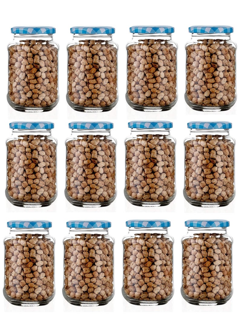 ginoya brothers Wide Mouth Kitchen Storage Glass Jar & Container With Airtight Lid- 400 Ml- Set Of (12), Blue