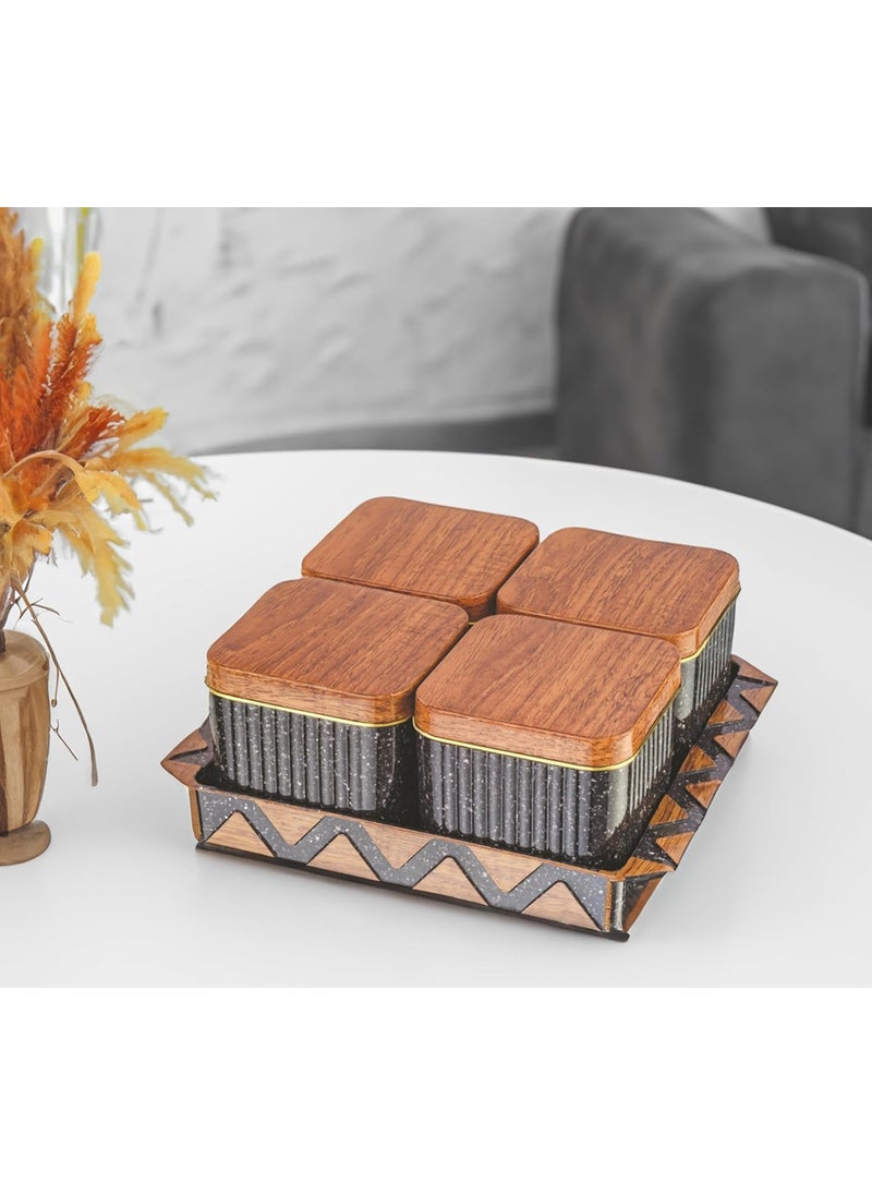 Nabhya Bellagio Wooden 4pc Multipurpose Airtight Dry Fruit Container With Lid & Serving Tray, Kitchen Food Storage Container Set, Diwali Gifting Items For Friends, Family Employees (Black)
