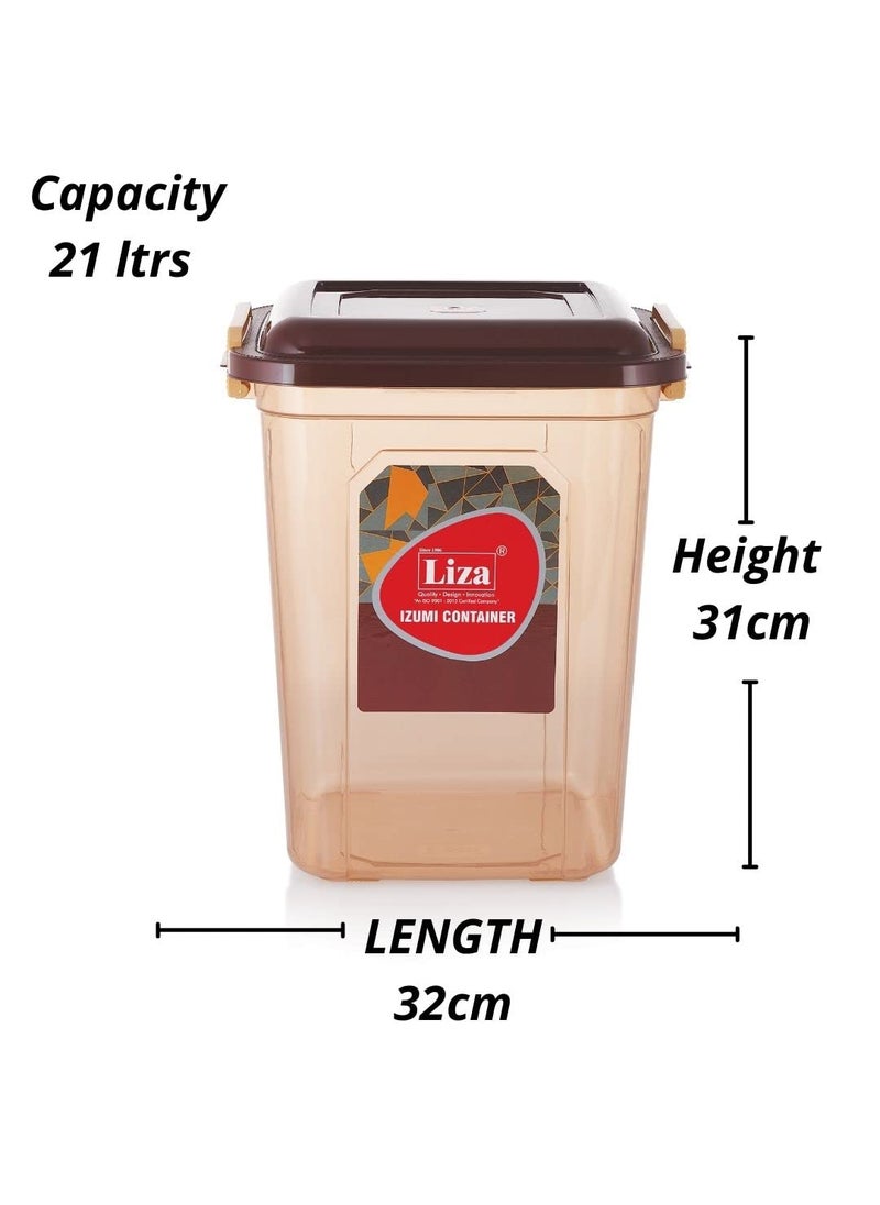 Liza Airtight Plastic Square Food Storage Container for Kitchen Storage- 21Ltr Containers, Unbreakable Transparent Jar, Airtight Leak Proof Locking Lid, Fridge Cereal Dispenser-Pack of 1, Brown
