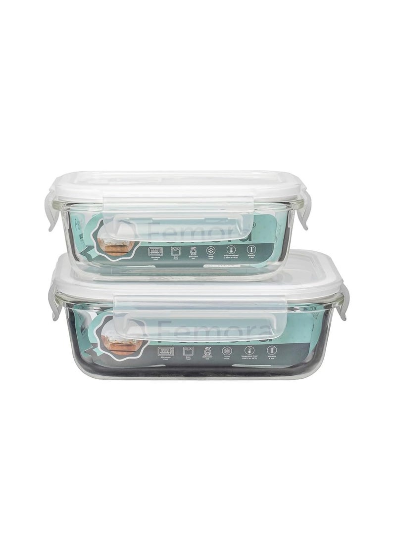 Femora Borosilicate Glass Containers for Kitchen | 1 Year Warranty | Container Boxes for Storage, Storage Box for Kitchen with Air Vent Lid, Microwave Safe, Rectangular (Set of 2-400ml, 620ml)