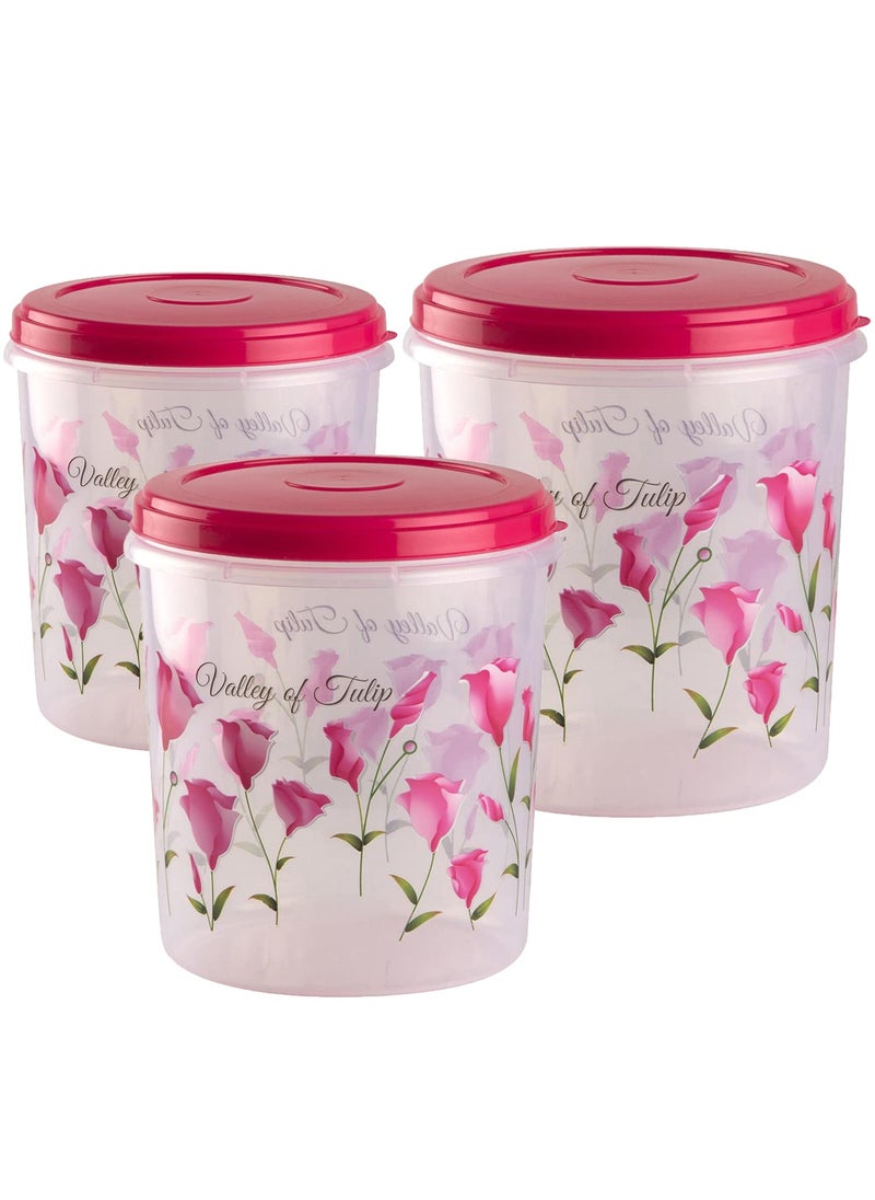 Kuber Industries Plastic Container|Container for Kitchen Storage Set|Air Tight Container|Tulip Printed 5 Litre,7 Litre,10 Litre Containers|Set of 3 (Pink)