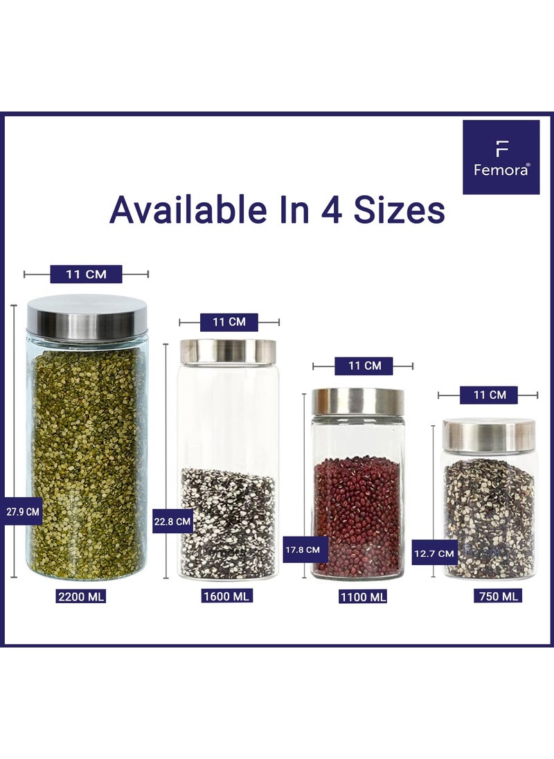 Femora Glass Jar for Kitchen| Glass Storage Containers Jars for Kitchen| Round Glass Jar| 1 Year Warranty| Airtight Lid| Jars for Snacks, Fry Food, Masala, Spice, Pickles, Cookies| 2200ml| Set of 1