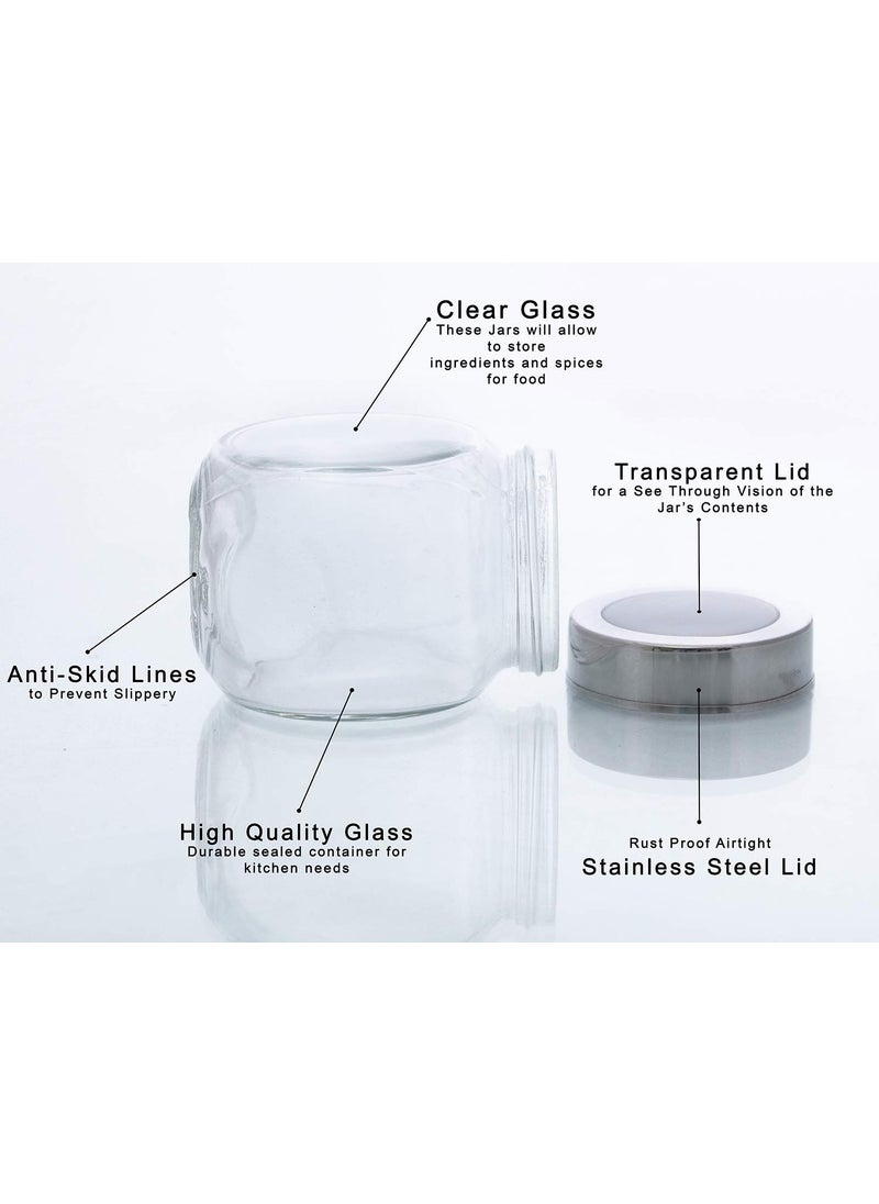 Vency Set of 4 Spice Glass Storage Jar for Masalas, Dry Fruits, Mouth Fresheners with Rust Proof Air Tight Stainless Steel Lid 200ml