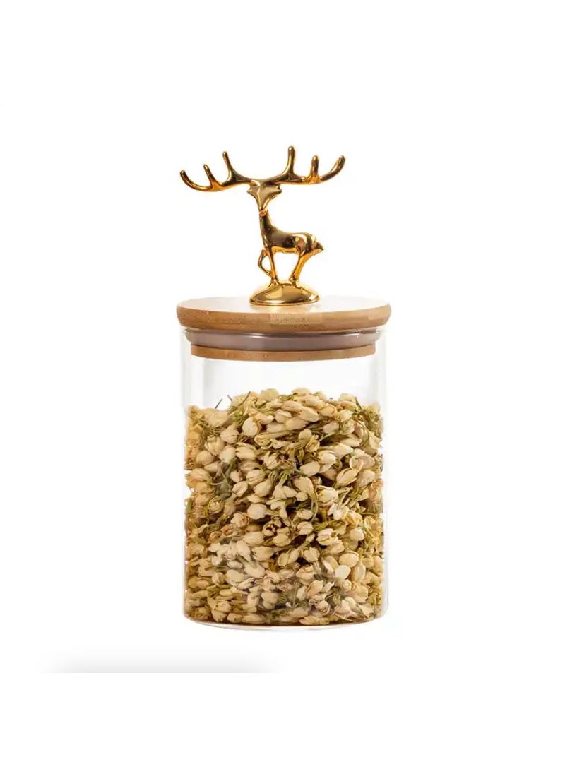 HOMIES kitchen glass storage container airtight glass Jar sealed tank with metal elk deer top bamboo lid (champagne Transparent color)