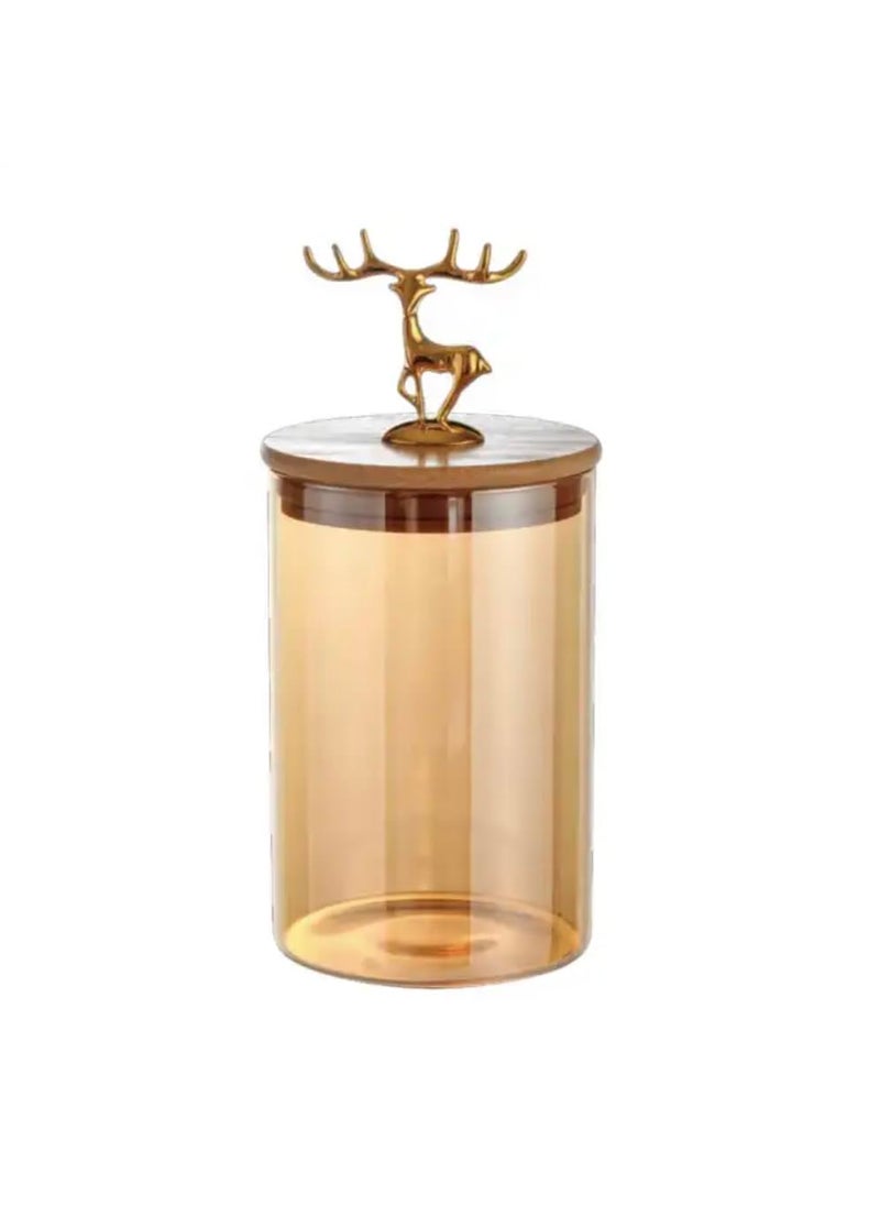HOMIES kitchen glass storage container airtight glass Jar sealed tank with metal elk deer top bamboo lid (champagne Transparent color)