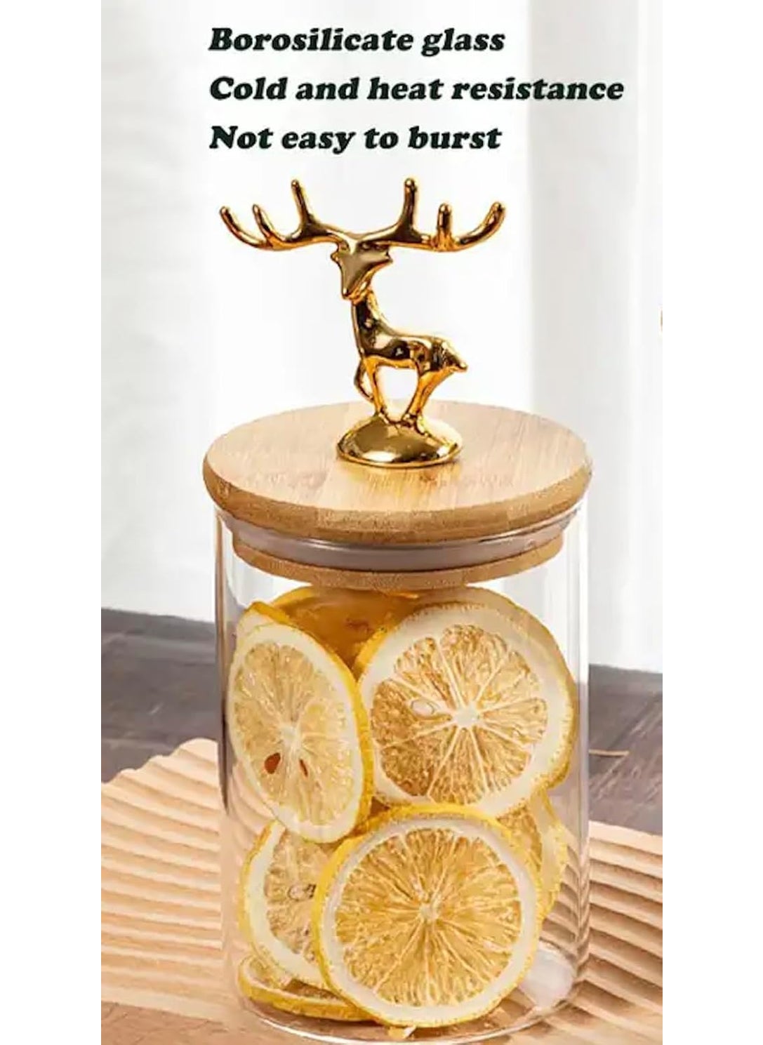 HOMIES kitchen glass storage container airtight glass Jar sealed tank with metal elk deer top bamboo lid (champagne Transparent color)