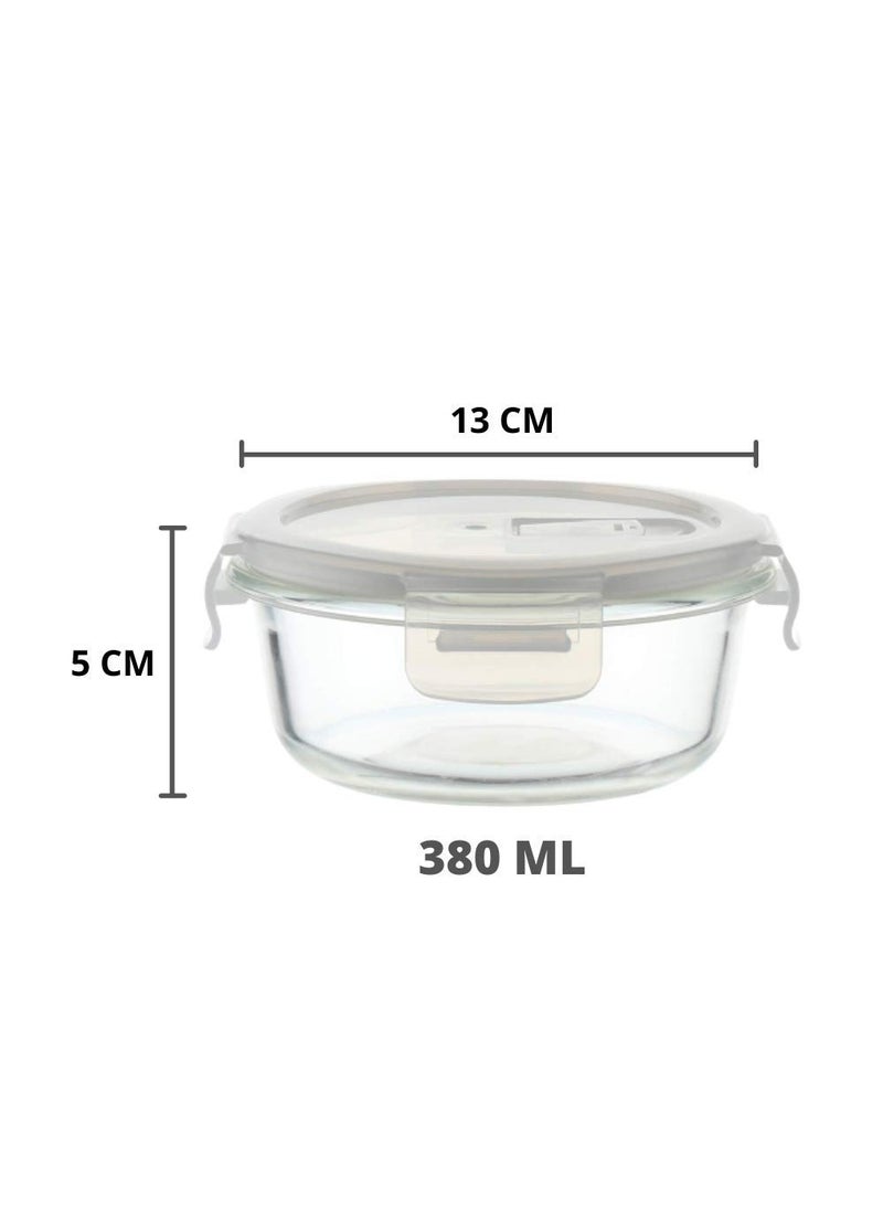 Femora Borosilicate Glass Containers for Kitchen | 1 Year Warranty | Container Boxes for Storage, Storage Box for Kitchen with Air Vent Lid, Microwave Safe Utensils, Round (Set of 2-380 Each)