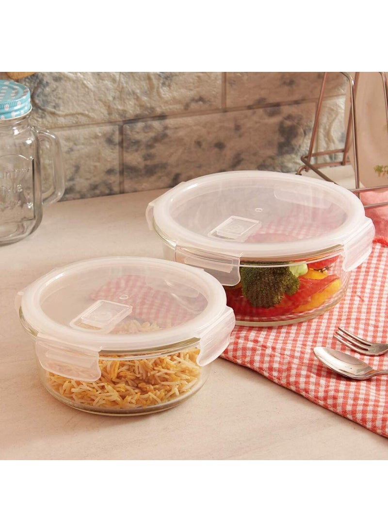 Femora Borosilicate Glass Containers for Kitchen | 1 Year Warranty | Container Boxes for Storage, Storage Box for Kitchen with Air Vent Lid, Microwave Safe Utensils, Round (Set of 2-380 Each)