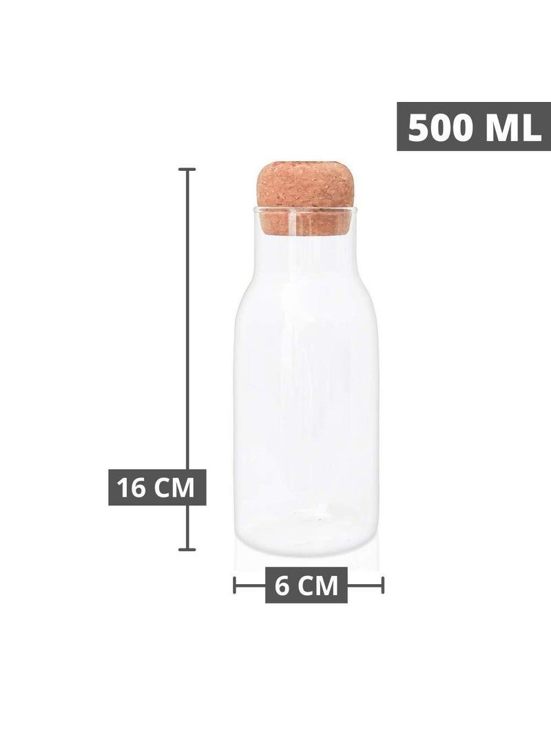 Femora Bottle Container Borosilicate Glass Bottle with Cork Jars & Container - 500 ml/gm, Free Replacement of Lids