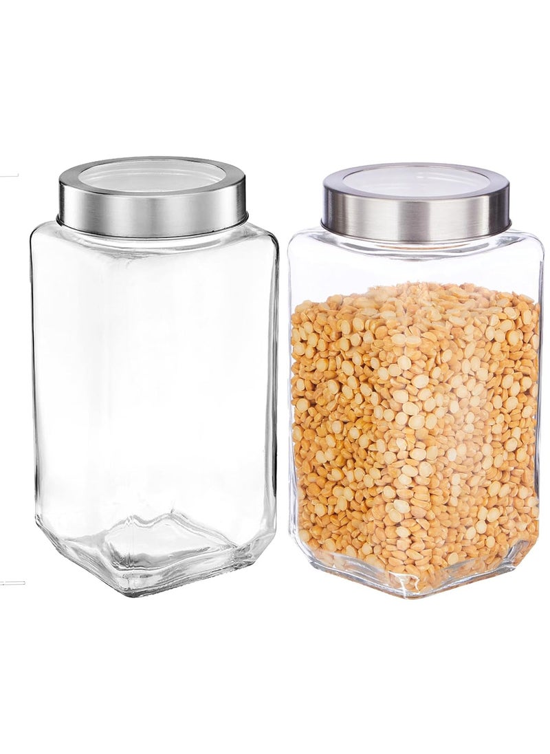 Vency Glass Cube Shape Fridge Storage Containers Transparent Glass Jars & Containers for Kitchen Pantry, Snacks, Masala, Pickles, Dry Fruits, Coffee Beans Storage (Set Of 2) (1000ml Steel Cap)