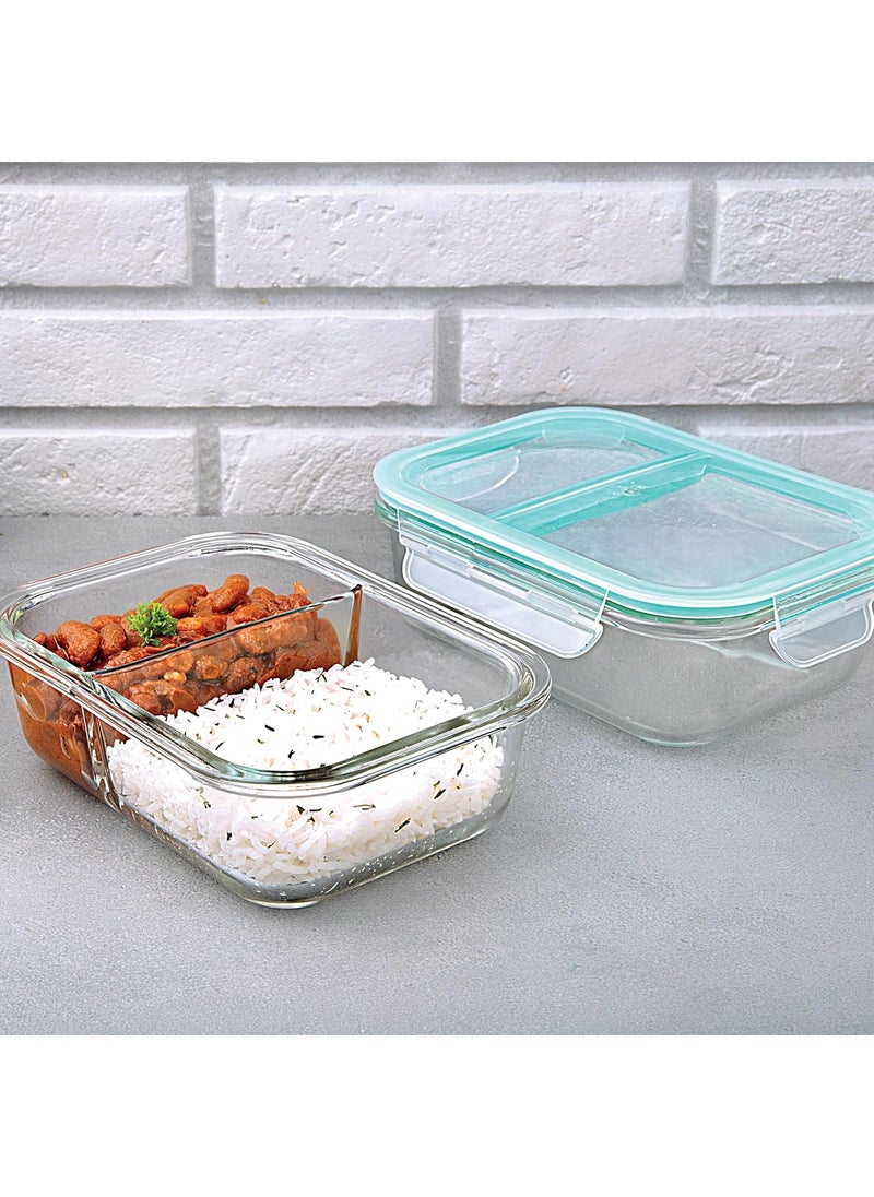 La Opala Cook Serve Store 100% Borosilicate Glass Storage Divider Container | with Air-Tight Snap Lid, Rectangle 640 ml | Two Compartments | Microwave, Oven, Dishwasher & Freezer Proof | Transparent
