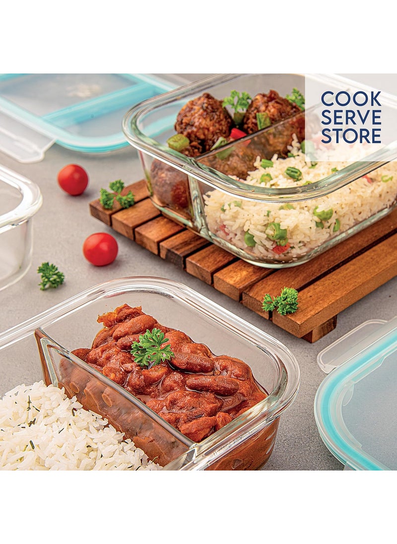 La Opala Cook Serve Store 100% Borosilicate Glass Storage Divider Container | with Air-Tight Snap Lid, Rectangle 640 ml | Two Compartments | Microwave, Oven, Dishwasher & Freezer Proof | Transparent
