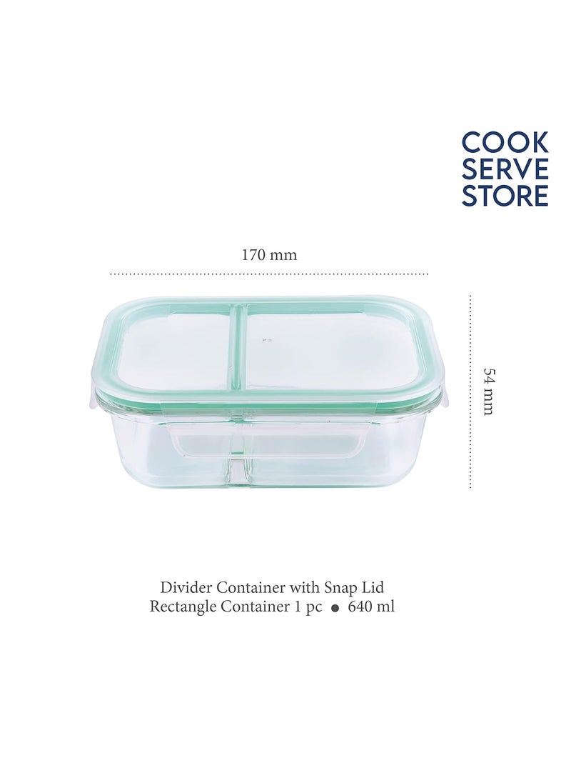 La Opala Cook Serve Store 100% Borosilicate Glass Storage Divider Container | with Air-Tight Snap Lid, Rectangle 640 ml | Two Compartments | Microwave, Oven, Dishwasher & Freezer Proof | Transparent