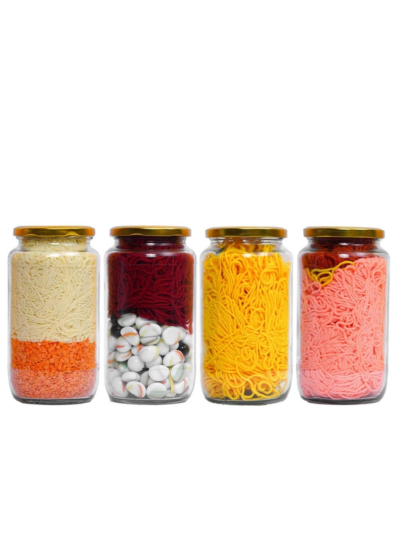 Ginoya Brothers -1000 Ml. Glass Jar with Air Tight Gold Lid for Kitchen Dried Masala Storage Jar [Pack Of 4]