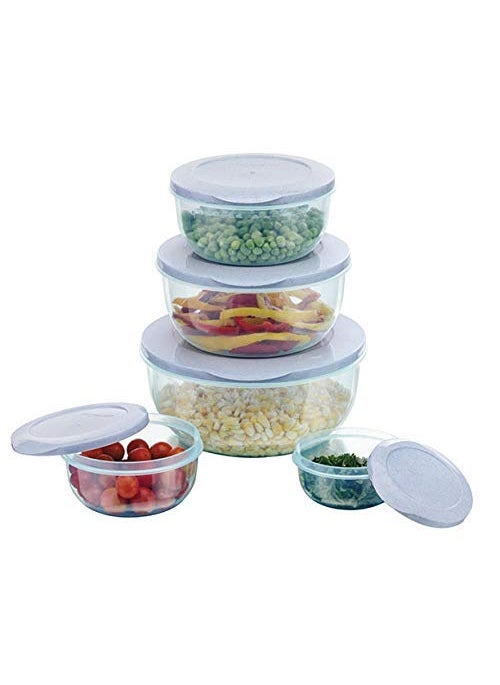 skyzone Plastic Round Food Storage Container Jar Set Box, Plastic Lunch Box for Kitchen Refrigerator, Microwave Safe, Office Storage of Pasta Grocery Dry Fruits Snacks (5 Pcs)