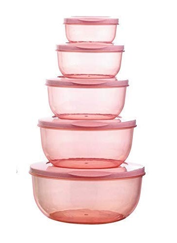 skyzone Plastic Round Food Storage Container Jar Set Box, Plastic Lunch Box for Kitchen Refrigerator, Microwave Safe, Office Storage of Pasta Grocery Dry Fruits Snacks (5 Pcs)
